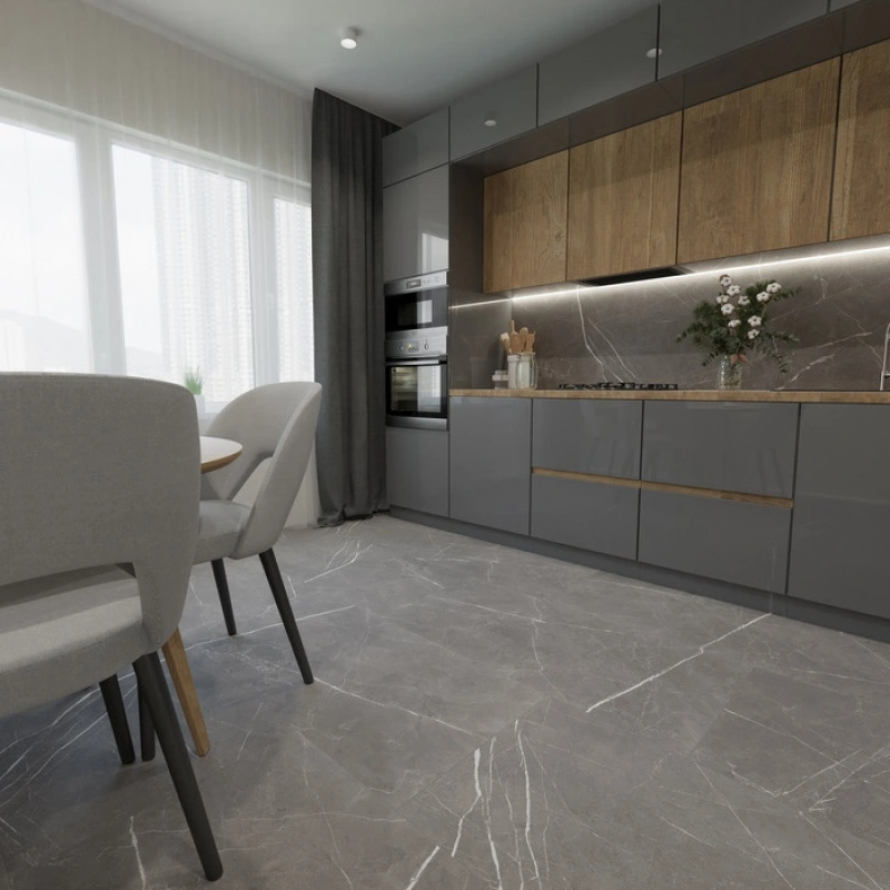 Modern kitchen with large-format gray marble-look porcelain floor tiles and sleek cabinetry