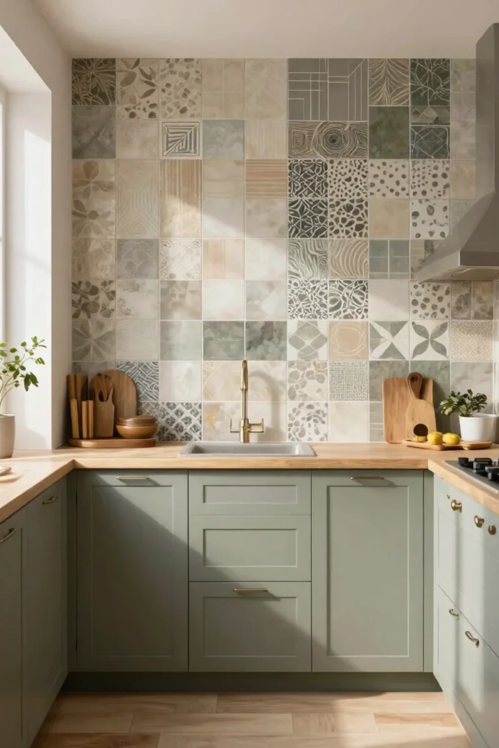 Full-height patchwork patterned backsplash over sage green cabinets